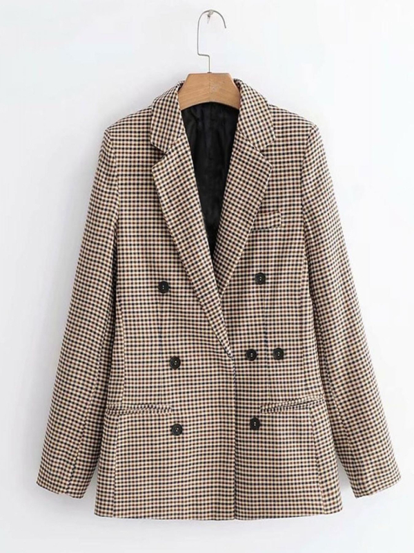 Női kockás blézer, karcsú szabás, hosszú ujjú, Lapel gallér, poliészter-spandex keverék