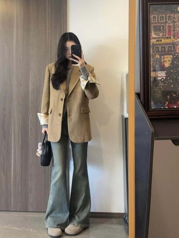 Ženski blejzer, korejski–britanski stil (V-izrez; dugi rukav; proljeće 2025)