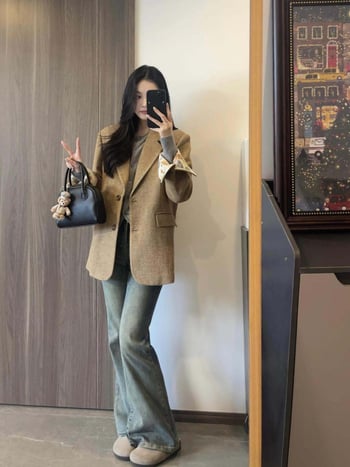 Ženski blejzer, korejski–britanski stil (V-izrez; dugi rukav; proljeće 2025)