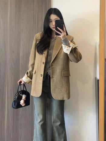 Ženski blejzer, korejski–britanski stil (V-izrez; dugi rukav; proljeće 2025)