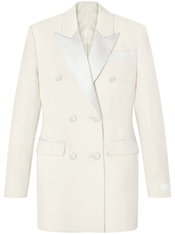 Ženski uski sako srednje duljine s dvostrukim kopčanjem, reverom i poliesterom