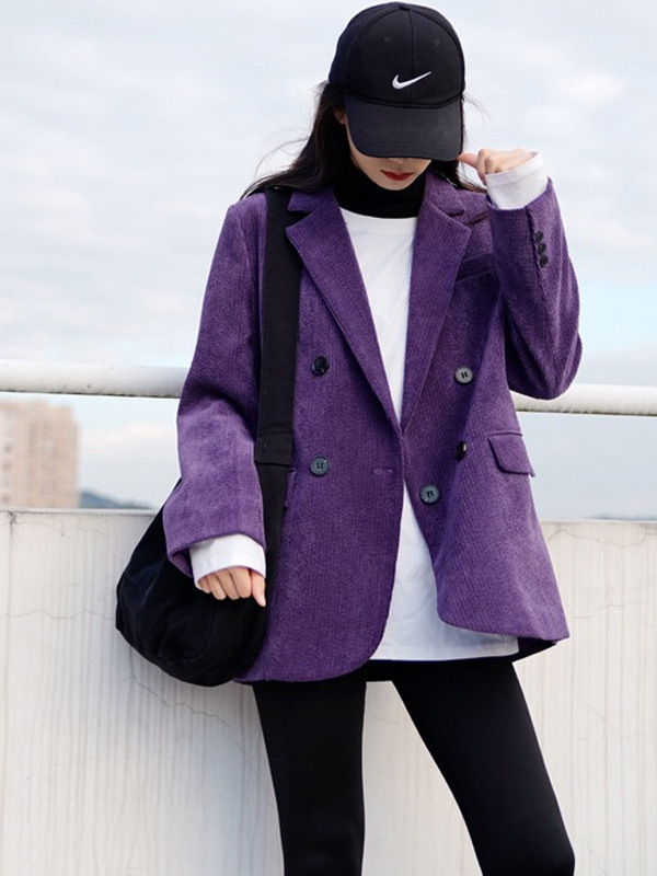 Ljubičasti corduroy ženski sako, jesen 2025, novi model, retro elegantan, opušten casual kroj