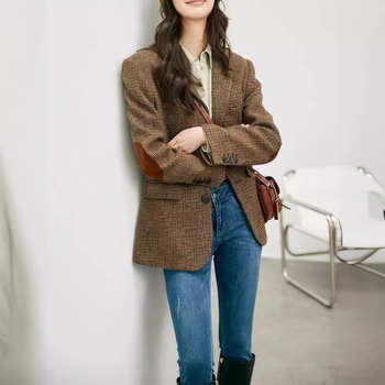 Ženski vuneni blejzer u retro koledž stilu, sako ovratnik, dugi rukavi, 50–70% vuna