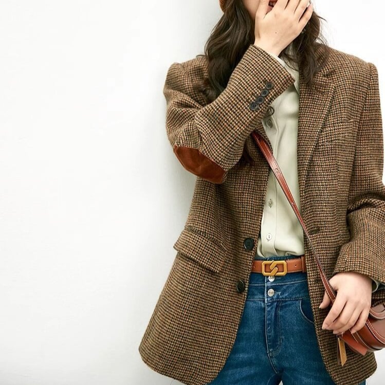 Ženski vuneni blejzer u retro koledž stilu, sako ovratnik, dugi rukavi, 50–70% vuna