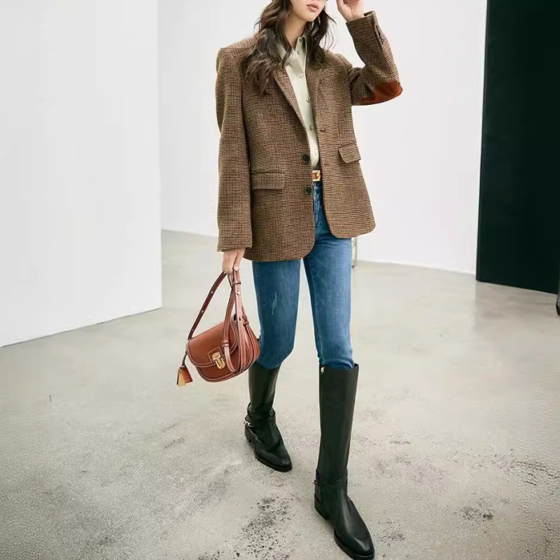 Ženski vuneni blejzer u retro koledž stilu, sako ovratnik, dugi rukavi, 50–70% vuna