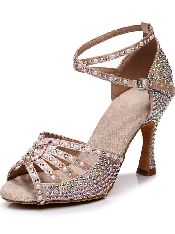 Ženske latino plesne cipele s visokim petom i kristalima, mek pod, svilen vrh, đon od teleće kože, podesiva visina peta 5-10 cm