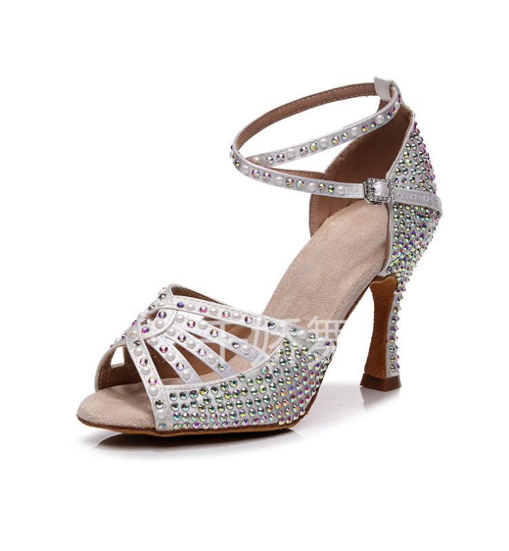 Ženske latino plesne cipele s visokim petom i kristalima, mek pod, svilen vrh, đon od teleće kože, podesiva visina peta 5-10 cm