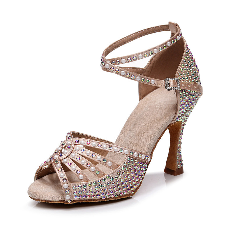 Ženske latino plesne cipele s visokim petom i kristalima, mek pod, svilen vrh, đon od teleće kože, podesiva visina peta 5-10 cm