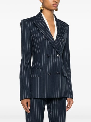 Žensko sako za odijelo s prugama, uski kroj, srednja duljina, dvostruko kopčanje, ovratnik sakoa