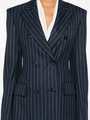 Žensko sako za odijelo s prugama, uski kroj, srednja duljina, dvostruko kopčanje, ovratnik sakoa