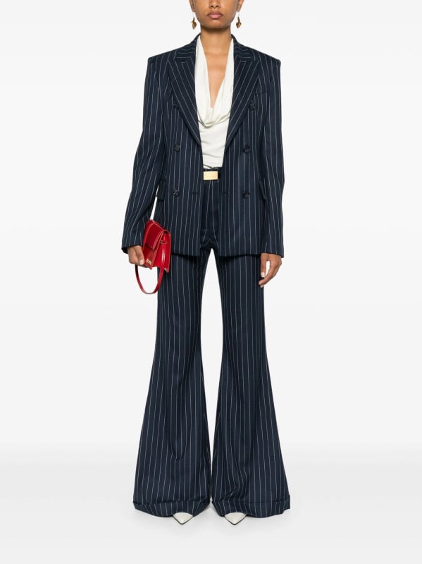 Žensko sako za odijelo s prugama, uski kroj, srednja duljina, dvostruko kopčanje, ovratnik sakoa