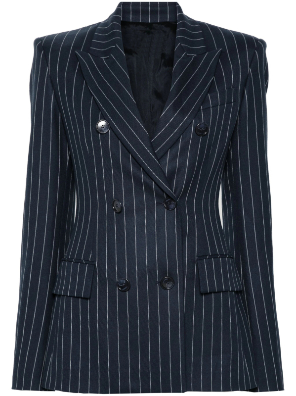 Žensko sako za odijelo s prugama, uski kroj, srednja duljina, dvostruko kopčanje, ovratnik sakoa