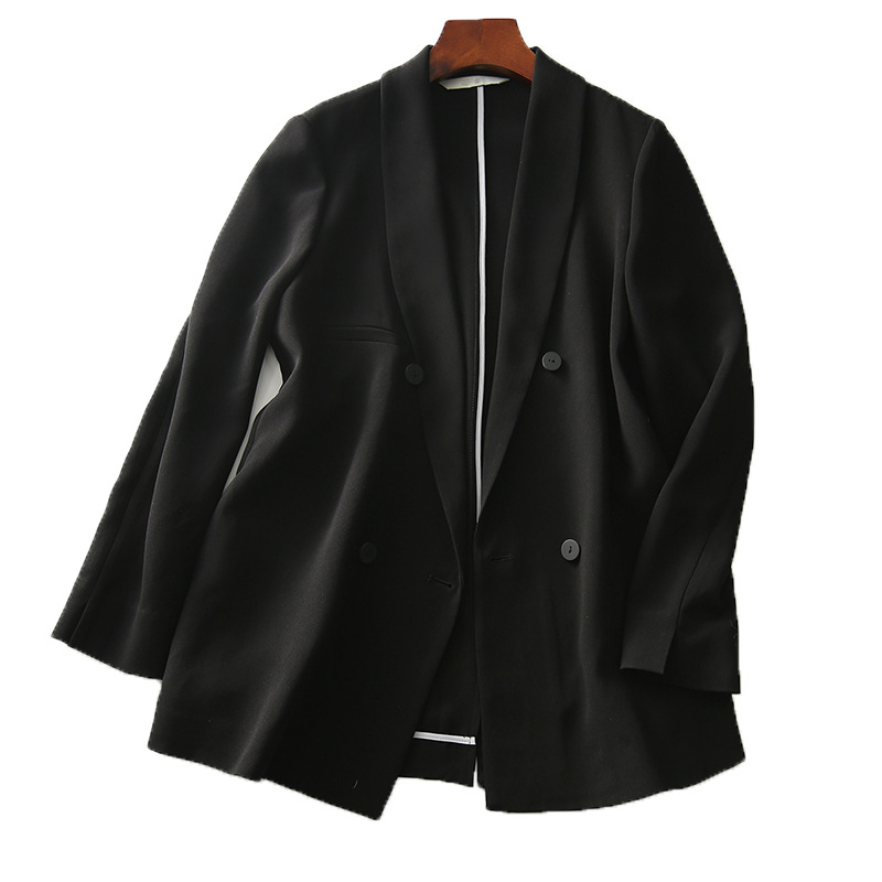 Ženski acetatni blejzer, ravni kroj, ovratnik barge, dugi rukavi, triacetat vlakno 50–70%
