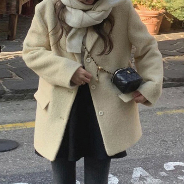 Ženski kratki vuneni kaput u korejskom stilu, ravni kroj, visok ovratnik, jednostruko kopčanje, Maoni tkanina