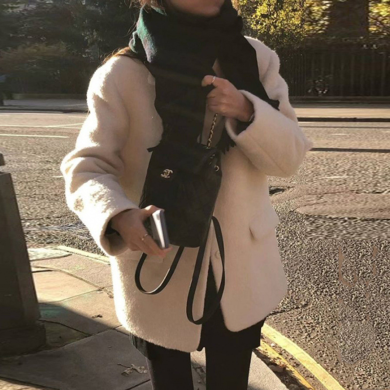 Ženski kratki vuneni kaput u korejskom stilu, ravni kroj, visok ovratnik, jednostruko kopčanje, Maoni tkanina