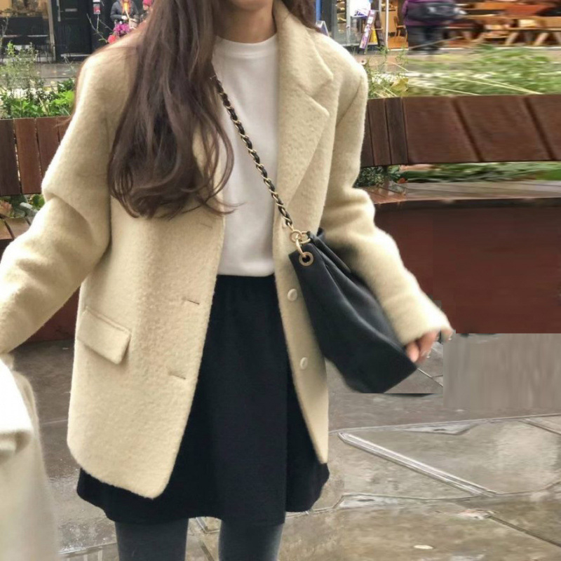 Ženski kratki vuneni kaput u korejskom stilu, ravni kroj, visok ovratnik, jednostruko kopčanje, Maoni tkanina