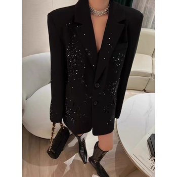 Žensko sako s rhinestones, dugi rukavi, ravni kroj, srednja duljina 50–65 cm, jednostruko kopčanje, poliester, jesen 2024