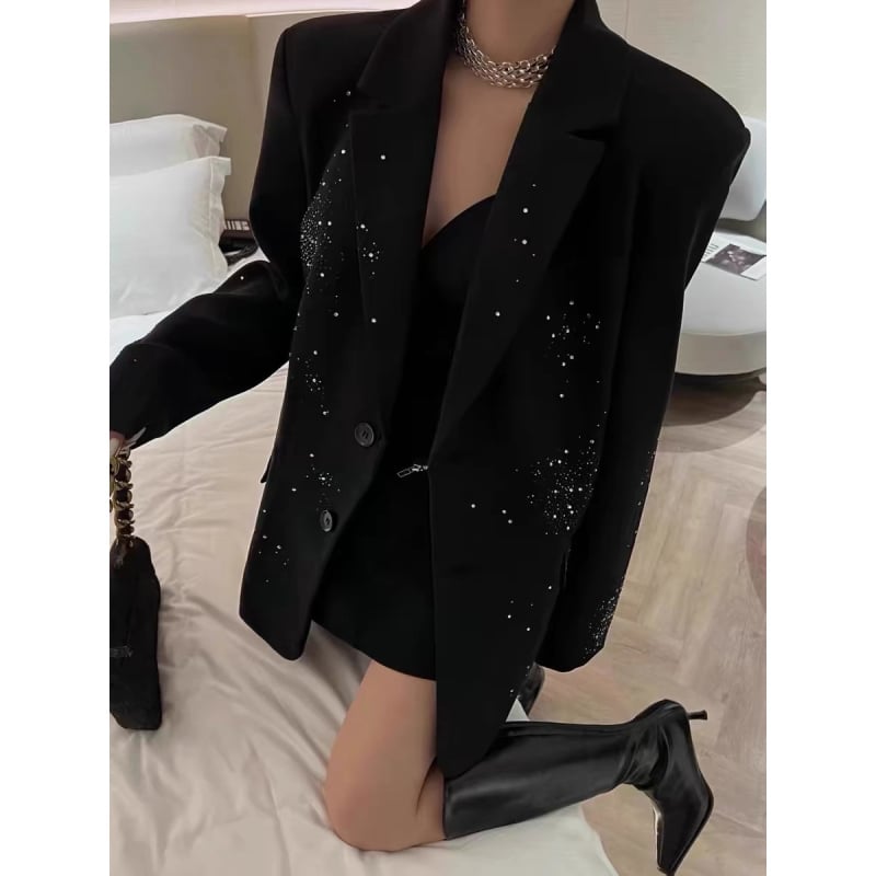 Žensko sako s rhinestones, dugi rukavi, ravni kroj, srednja duljina 50–65 cm, jednostruko kopčanje, poliester, jesen 2024