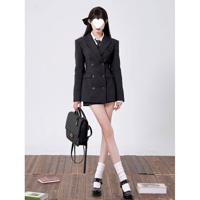 Korejski stil, uski ženski kostim u kompletu s blejzerom, V-izrez, dugi rukavi, tkanina od sintetičkih vlakana, elegantan poslovni stil