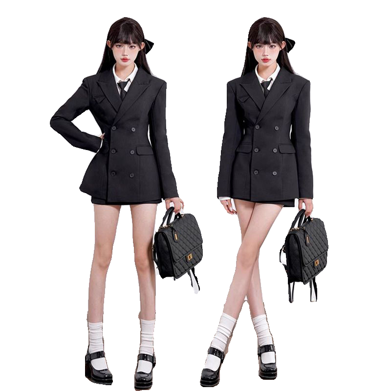 Korejski stil, uski ženski kostim u kompletu s blejzerom, V-izrez, dugi rukavi, tkanina od sintetičkih vlakana, elegantan poslovni stil