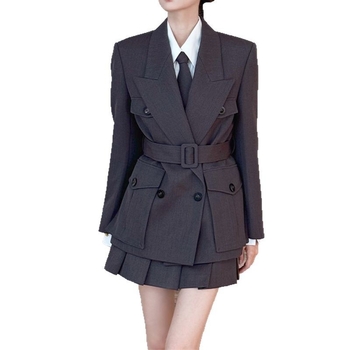 Ženski straight kostim set s plisiranom suknjom, sako s dvostrukim kopčanjem, poliester, proljeće 2025