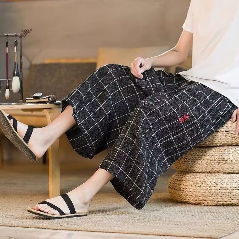 Muške šortke do koljena s kineskim stilom šivanja i mrežastim uzorkom, slobodan kroj, ljetni sportski šorc, smjesa poliestera (95% poliestera)