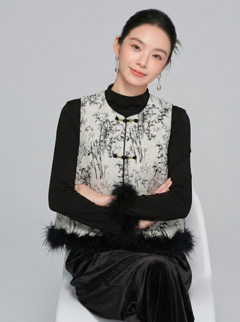 Pamukasta vesta s punjenjem od poliester-pamuka – poliester tkanina, okrugli izrez, književno-retro stil