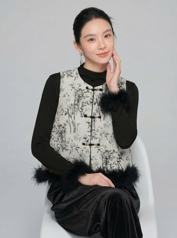 Pamukasta vesta s punjenjem od poliester-pamuka – poliester tkanina, okrugli izrez, književno-retro stil