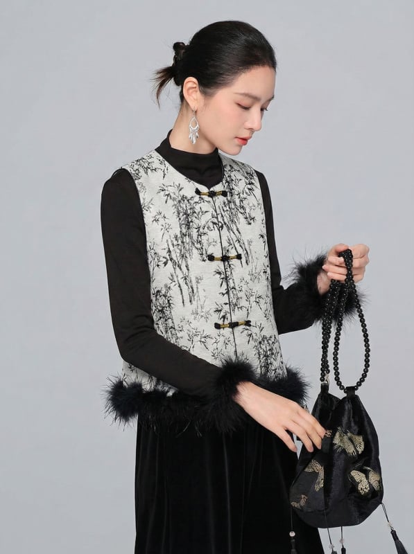 Pamukasta vesta s punjenjem od poliester-pamuka – poliester tkanina, okrugli izrez, književno-retro stil