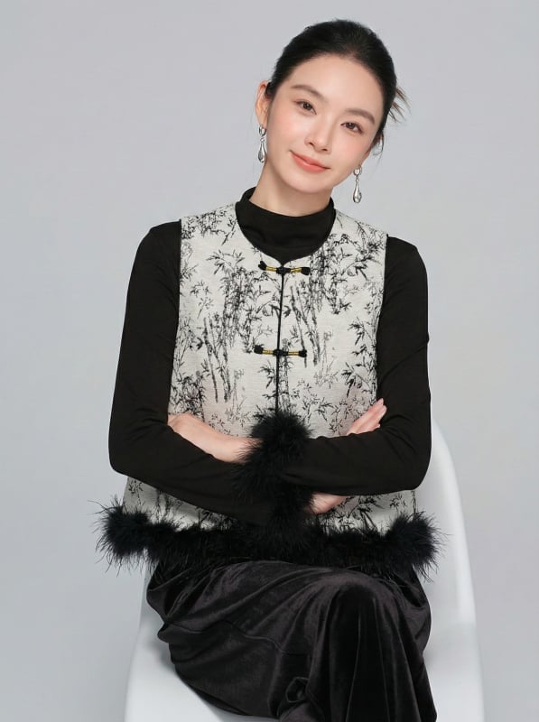 Pamukasta vesta s punjenjem od poliester-pamuka – poliester tkanina, okrugli izrez, književno-retro stil