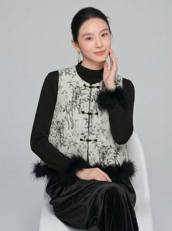 Pamukasta vesta s punjenjem od poliester-pamuka – poliester tkanina, okrugli izrez, književno-retro stil