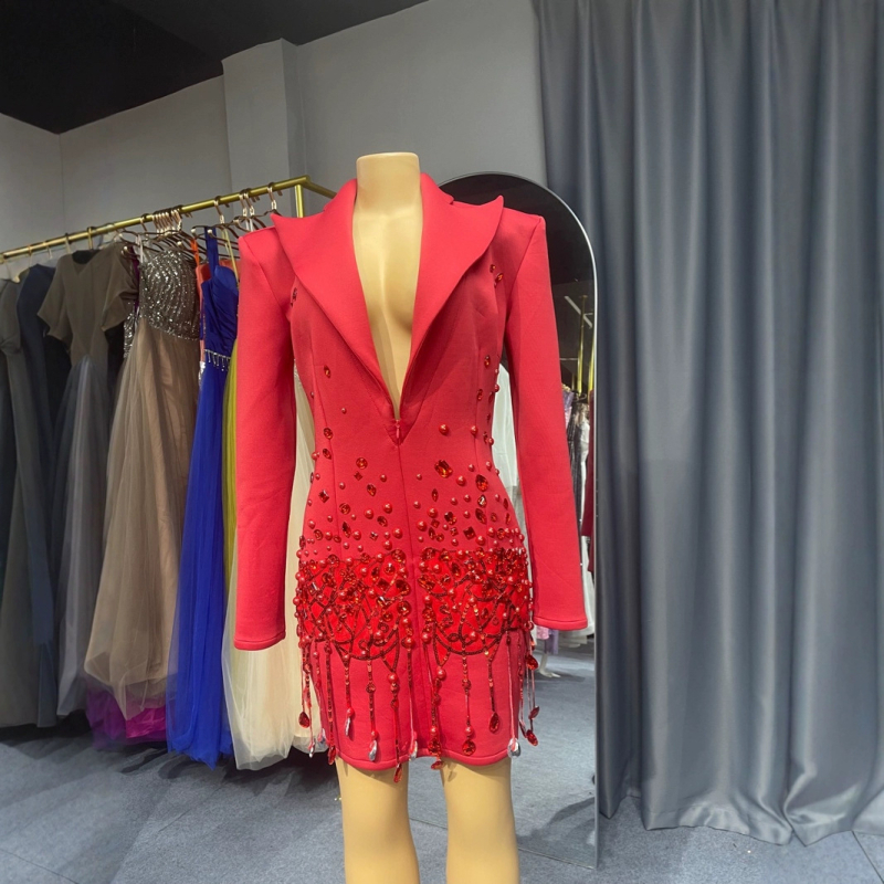 Ženski elegantni kostim s blejzerom i haljinom za voditeljice događanja, srednja duljina, V-izrez, dugi rukav, rimska pamuk, 95% pamuk, poslovni stil, proljeće 2025