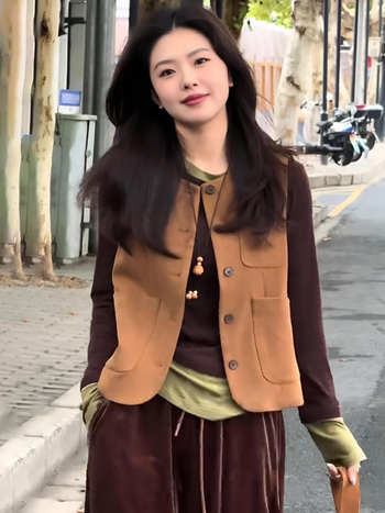 Ženska bez rukava veste u korejskom stilu, slojevito preko košulje, proljeće 2025, chenille tkanina s udjelom spandeksa ispod 30%, polo ovratnik.