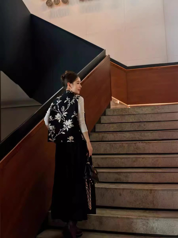 Jakardska Chenille vest s uskim ovratnikom, jade kopčom, ženski kineski stil