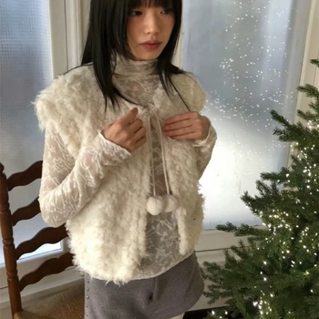 Plišana vesta bez rukava sa trakama od krzna i kuglicama, V-izrez, kratki kroj, Chenille tkanina s Spandexom, jesen 2025