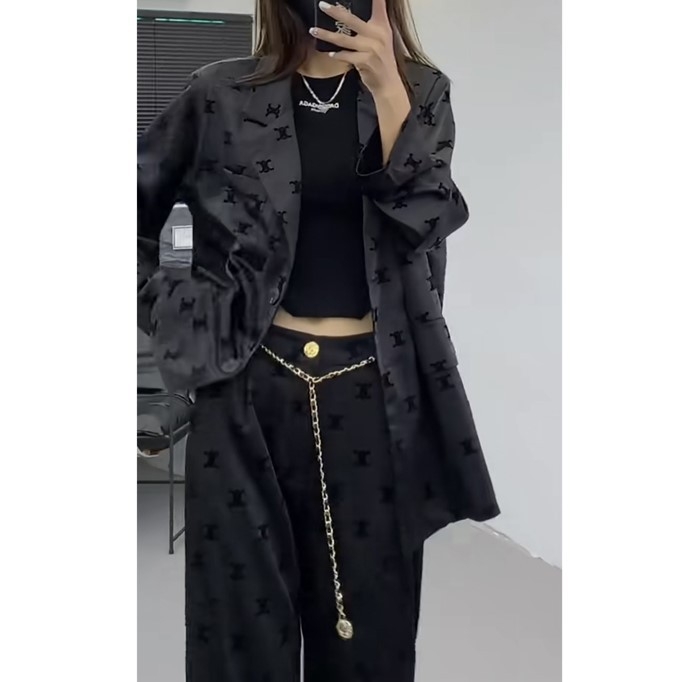 Žensko sako za kostim s printom, slobodan kroj, pamuk-poliester smjesa, jednoredno kopčanje, rever, dugi rukav, proljeće 2023