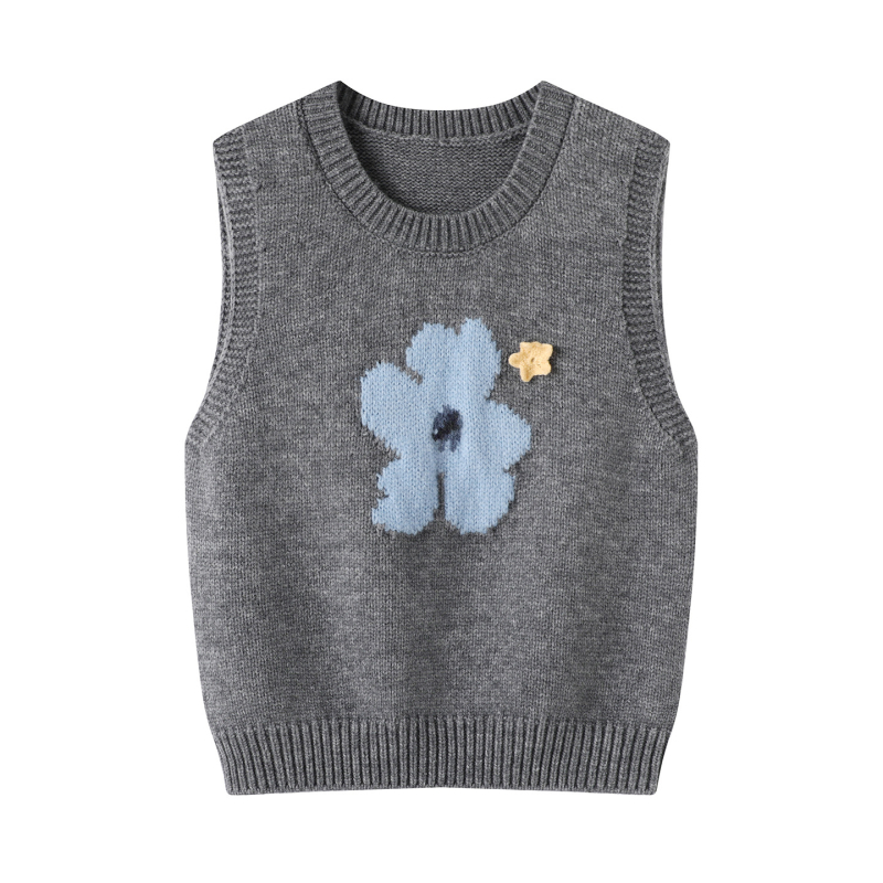 Ženski pleteni gornji dio bez rukava s cvjetnim uzorkom, pulover stil, kratka duljina, poliester