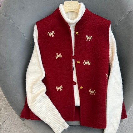 Ženska vesta u kineskom stilu sa stojećim ovratnikom, vuneni materijal s poliesterom, punjenje poliester-pamut, standardna dužina 50–65 cm, zima 2025