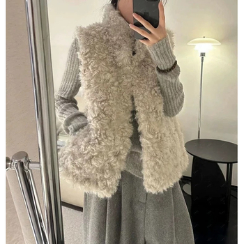 Ženska vesta s ovčjom krznom integriranom, korejskog stila kardigan, stojeći ovratnik, poliester materijal, zima 2025