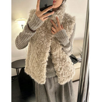 Ženska vesta s ovčjom krznom integriranom, korejskog stila kardigan, stojeći ovratnik, poliester materijal, zima 2025