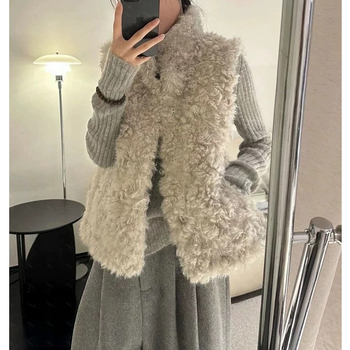 Ženska vesta s ovčjom krznom integriranom, korejskog stila kardigan, stojeći ovratnik, poliester materijal, zima 2025