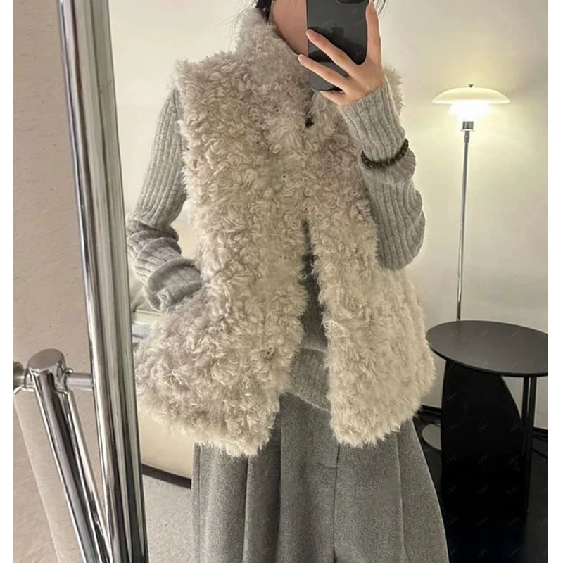 Ženska vesta s ovčjom krznom integriranom, korejskog stila kardigan, stojeći ovratnik, poliester materijal, zima 2025