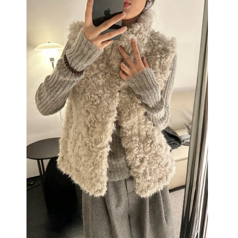 Ženska vesta s ovčjom krznom integriranom, korejskog stila kardigan, stojeći ovratnik, poliester materijal, zima 2025
