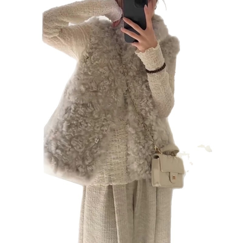 Ženska vesta s ovčjom krznom integriranom, korejskog stila kardigan, stojeći ovratnik, poliester materijal, zima 2025