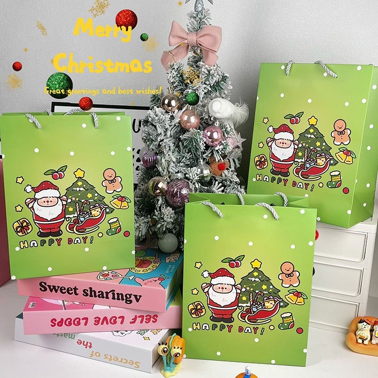 Geantă cadou de Crăciun, carton alb/kraft, imprimare offset, stil minimalist, Keyoujia