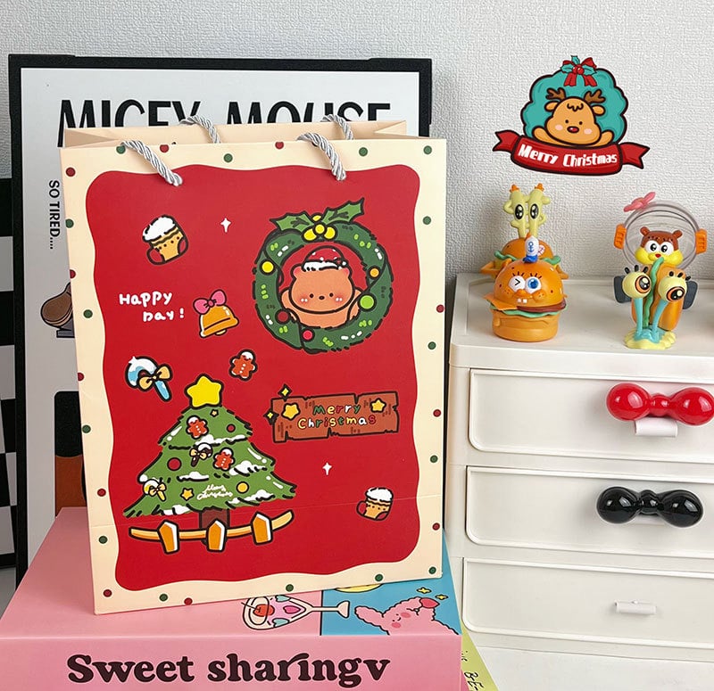 Geantă cadou de Crăciun, carton alb/kraft, imprimare offset, stil minimalist, Keyoujia