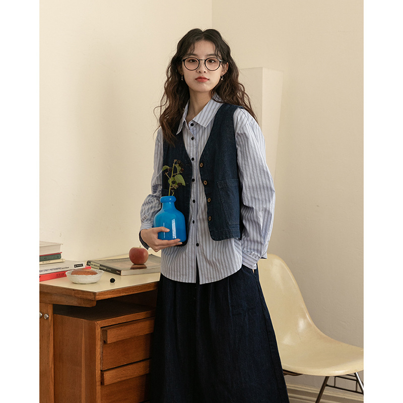 Ženski denim vest cardigan, japanskog stila, kratka duljina, V-izrez, jednobojna, pamuk punjenje, jesen 2025