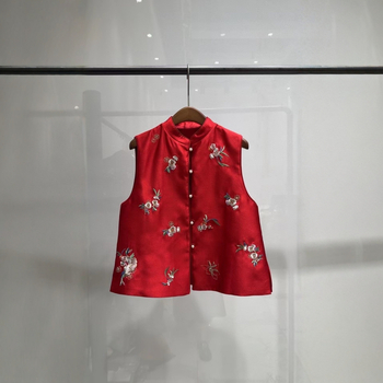 Ženski vest s floralnom izvezom, vunena smjesa 30–50%, stojeći ovratnik, duljina 50–65 cm, gradski ležerni stil