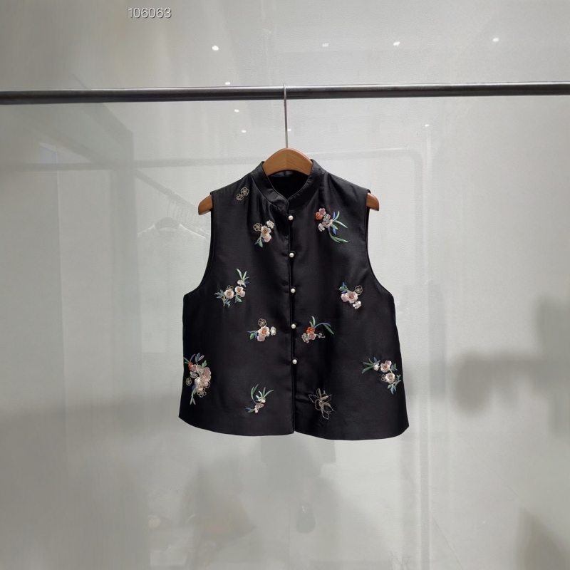 Ženski vest s floralnom izvezom, vunena smjesa 30–50%, stojeći ovratnik, duljina 50–65 cm, gradski ležerni stil