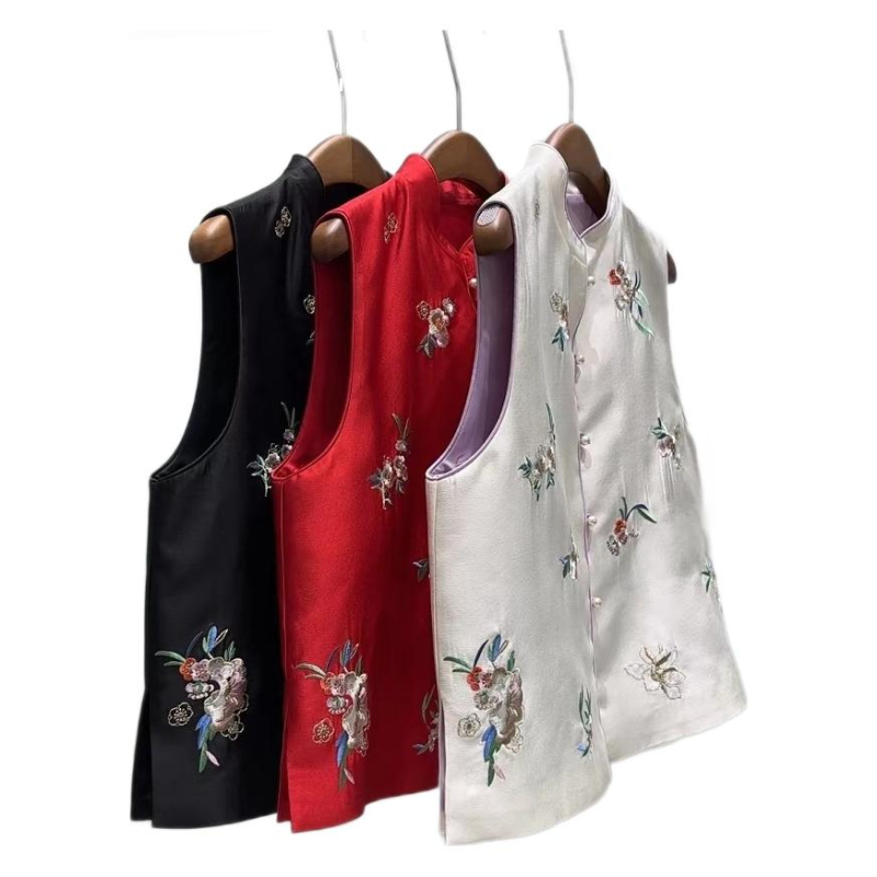 Ženski vest s floralnom izvezom, vunena smjesa 30–50%, stojeći ovratnik, duljina 50–65 cm, gradski ležerni stil